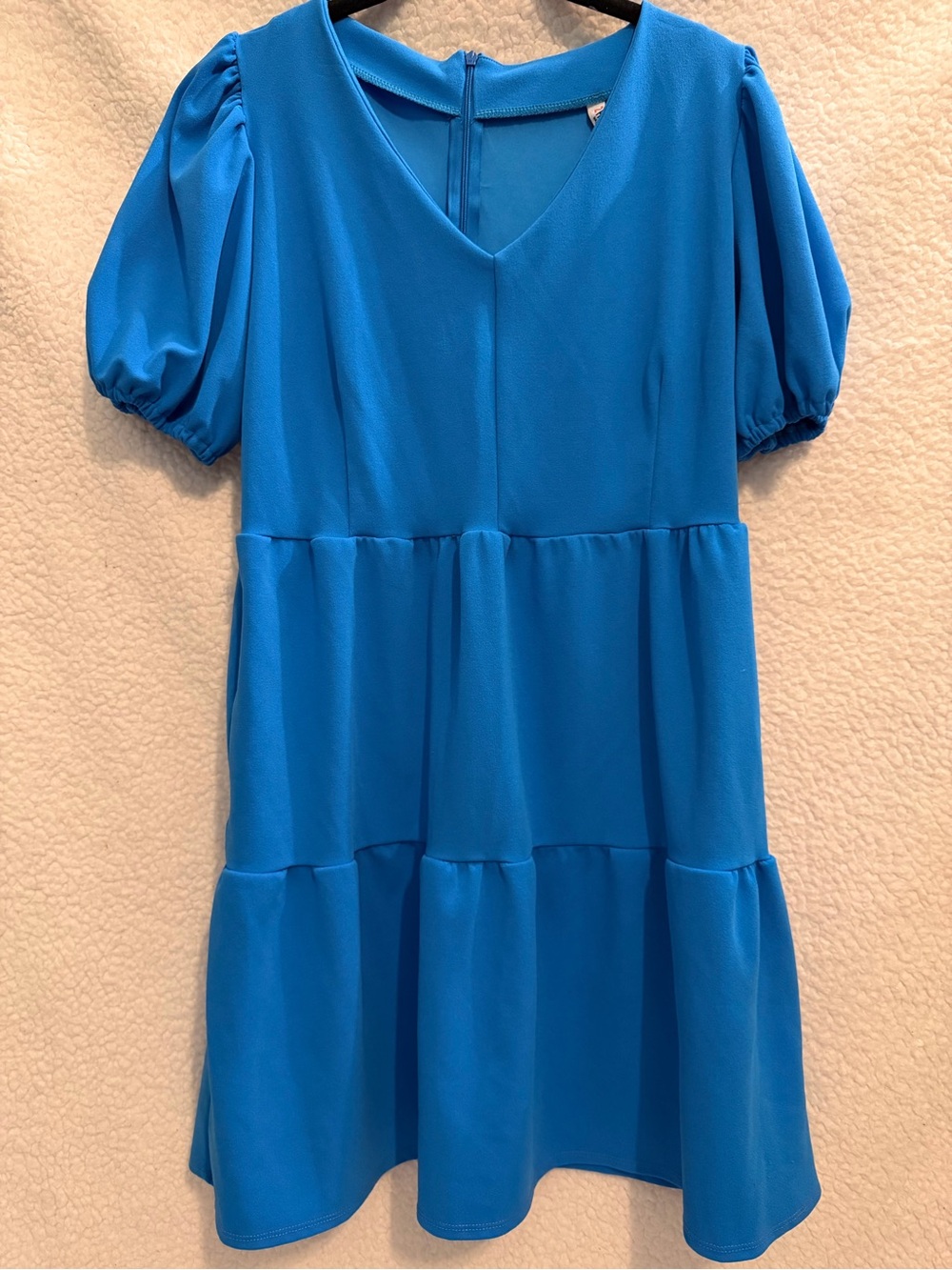 Bright Blue V-Neck Tiered Puff-Sleeve Dress with pockets